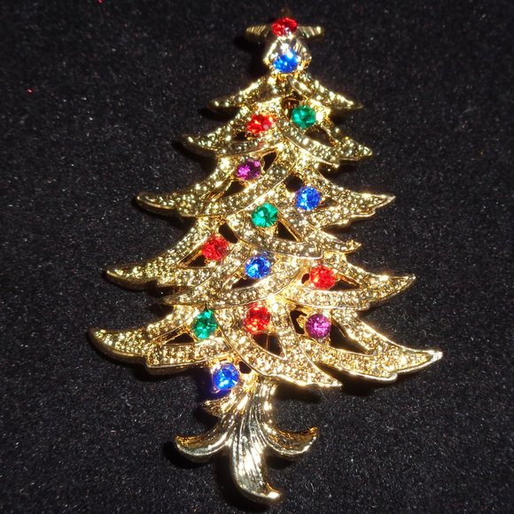 Gold CHRISTMAS TREE PIN with Red & Green CRYSTALS Boxed - Picture 2 of 4